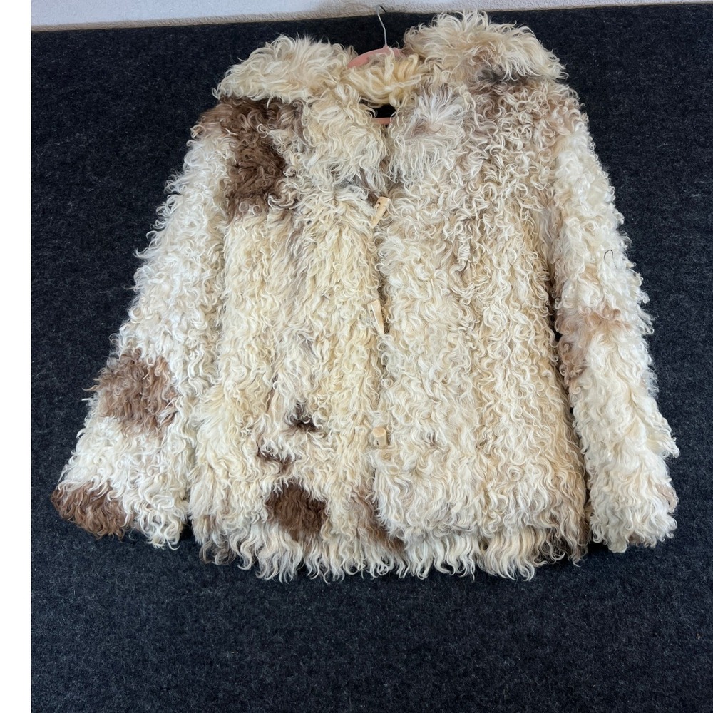Vintage Mongolian Curly Lamb Fur Coat Jacket Women Small Cream Stunning Toggle